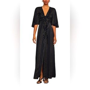 BCBG Striped Metallic Maxi Dress. Black w/Silver and Gold. Size M.